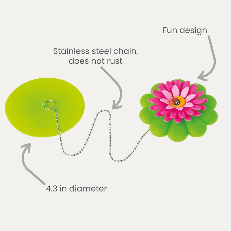Vigar Flower Power Bathtub Drain Stopper, Tub Stopper with Chain and Daisy-shaped Floaty, 4-1/10 Inches, Perfect Bathroom Accessories, Pink, Green - Image 3